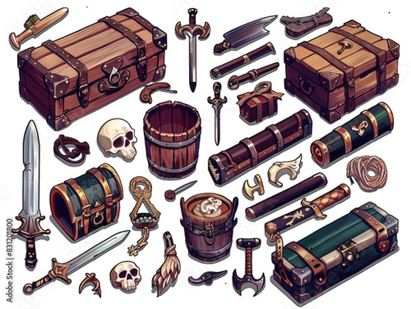 Fototapeta Vector illustration of pirate items, including a chest, sword, skull, and various other items.