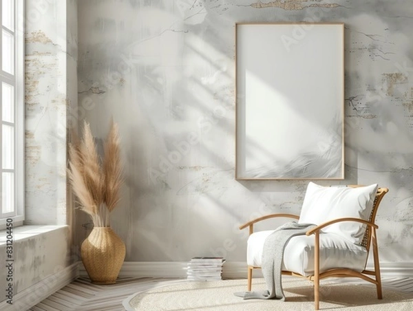 Fototapeta Minimalist living room with a cozy armchair, pampas grass, and a blank canvas.