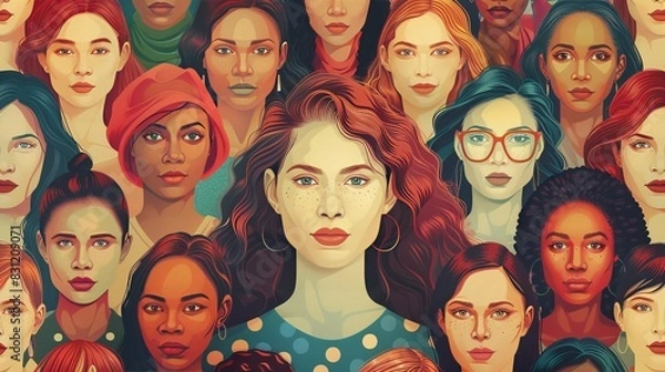 Obraz Women's Equality Day depicts a powerful scene of women from various professions and ethnicities breaking through a metaphorical glass ceiling, symbolizing their collective fight for equality