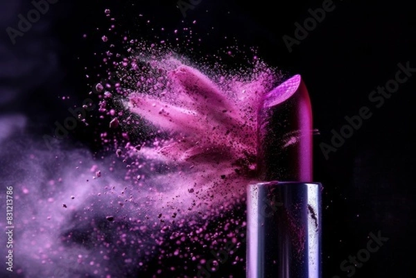 Obraz Closeup of magenta lipstick with a burst of powder on a black background, AI generative