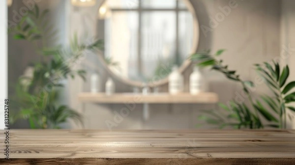 Obraz Wooden countertop against the background of a mirror in the bathroom. Empty countertop for beauty product. Mockup with clean wood podium.