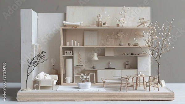 Fototapeta Miniature model of a minimalist studio apartment, featuring multifunctional furniture, clever storage solutions, and minimalist decor, maximizing space in a small footprint