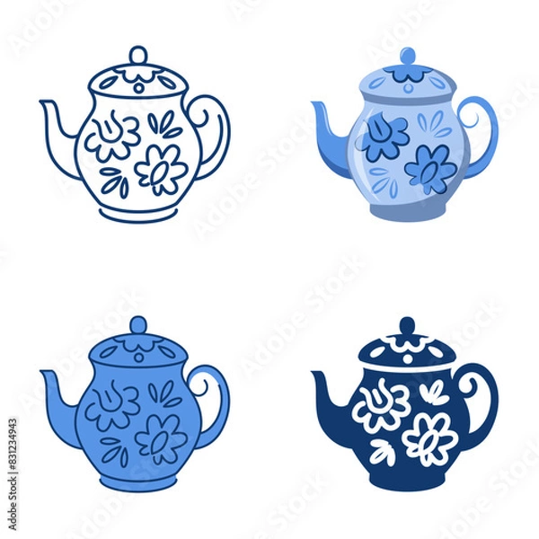 Fototapeta Decorated teapot icon set in flat and line style