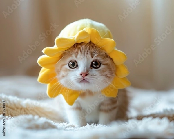Obraz Cute kitten wearing a cute plush sunflower shaped hat and sitting on a blanket