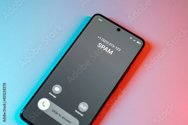 Fototapeta Spamer call on phone. Spam incoming call on cell phone. Spam and junk concept