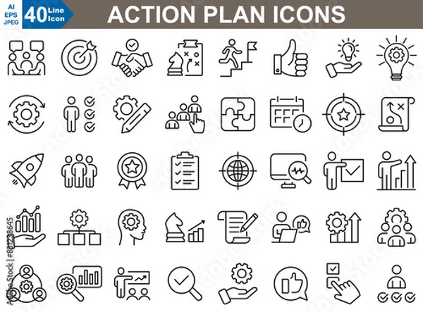 Fototapeta The action plan icons showcase modern designs for tasks, goals, timelines, and progress tracking, perfect for project management and productivity apps.