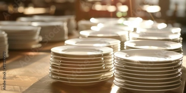 Obraz many white plates on the table, blurred background
