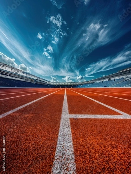 Fototapeta olympic running track, red surface with white stripes.