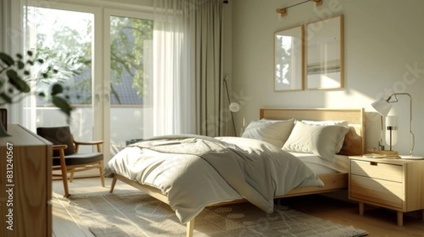 Obraz Nordic-inspired bedroom with clean lines, light wood furniture, and cozy textiles, embracing simplicity and functionality