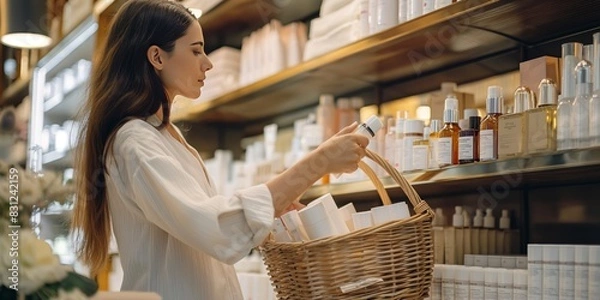 Fototapeta A woman is choosing beauty products from a well-organized and brightly lit store shelf, holding a wicker basket filled with her selections, representing shopping and self-care.