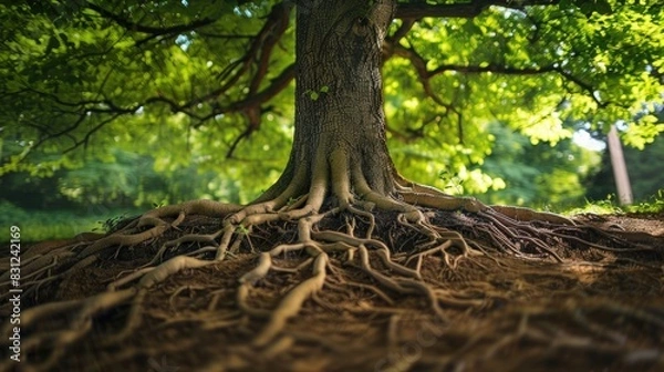 Fototapeta A tree with roots spreading wide, symbolizing the breadth of thought.