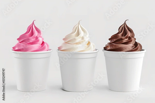 Fototapeta Mockup Strawberry frozen yogurt or soft ice cream, vanilla and chocolate frozen yogurt or soft ice cream in blank paper cup packaging template mockup collection with isolated background