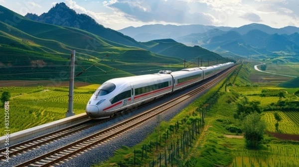 Fototapeta Sleek high-speed train zooming through a picturesque countryside, with mountains and fields in the background, showcasing the blend of modern technology and nature