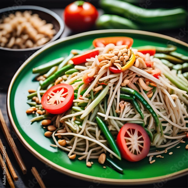 Fototapeta Close-up of a vibrant plate of som tam with shredded green papaya, featuring fresh tomatoes, long beans, dried shrimp, crushed peanuts, and a tangy lime dressing, all set