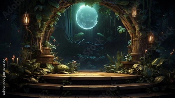 Fototapeta Mystical forest scene with a wooden archway, glowing lanterns, and a full moon, creating a magical and enchanting nighttime atmosphere.