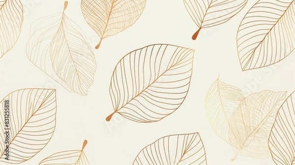Fototapeta Sophisticated leaf pattern background with delicate gold and orange leaves on a cream backdrop.
