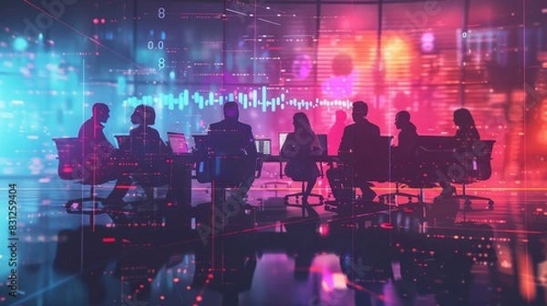 Obraz Business meeting with team discussing tax strategies, side view, showing collaboration and planning, digital binary as object, Splitcomplementary color scheme