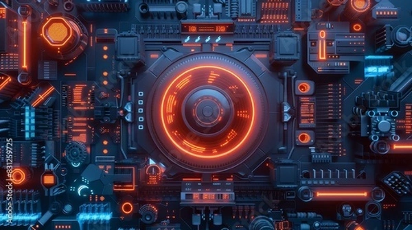 Fototapeta Firewall system with holographic interfaces, top view, demonstrating cuttingedge technology, technology tone, Splitcomplementary color scheme