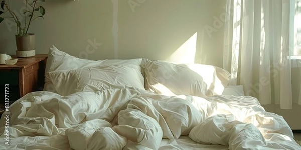 Fototapeta A messy bed with white bedding offers a raw and authentic feel, ideal for interior design projects.