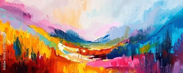 Fototapeta Colorful abstract art depicting a lively landscape on canvas with expressive brushstrokes