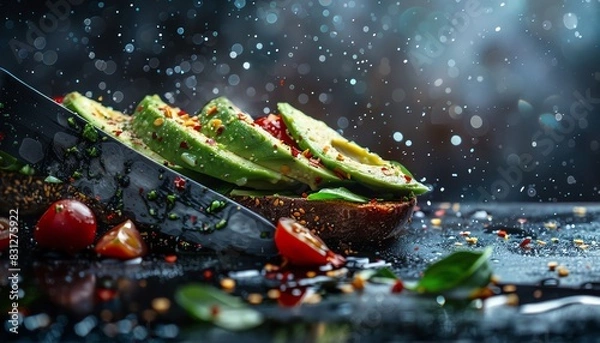 Fototapeta A vibrant and appetizing close-up of a freshly sliced avocado on a knife with scattered cherry tomatoes, herbs, and spices in the background.
