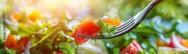 Obraz Close-up of a fresh, vibrant salad with tomatoes, greens, and a fork picking up a bite, captured in natural sunlight.