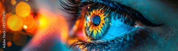 Obraz Close-up of a human eye with vibrant colors and detailed iris, showcasing stunning detail and vibrant illumination.