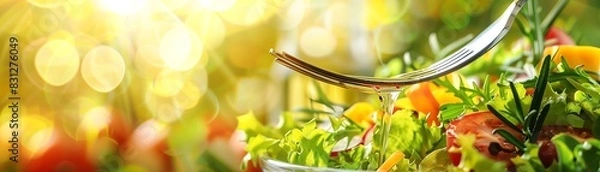 Obraz Fresh vibrant salad with greens, tomatoes, and cucumbers, topped with herbs in a sunny garden setting. Perfect for health and fitness themes.