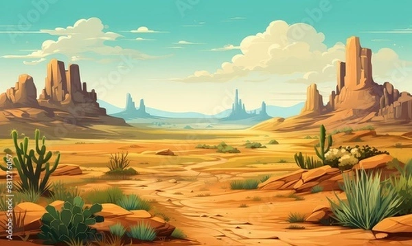 Fototapeta Desert habitat with cacti, flat design, top view, arid theme, cartoon drawing, Triadic Color Scheme