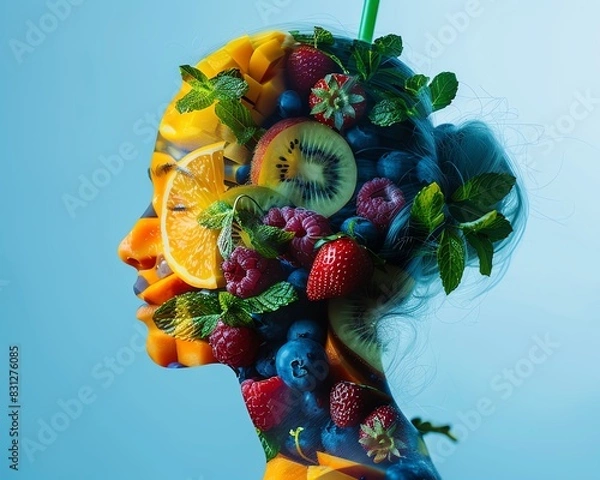 Obraz Profile of a woman with a surreal overlay of various fruits and mint leaves, combining nature and human elements, ideal for creative projects.