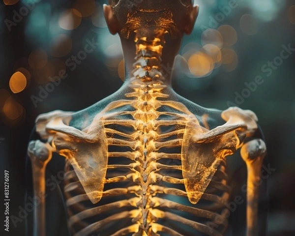 Obraz A close-up view of a human skeleton's back with a blurred background, highlighting bones and spine anatomy under warm lighting.