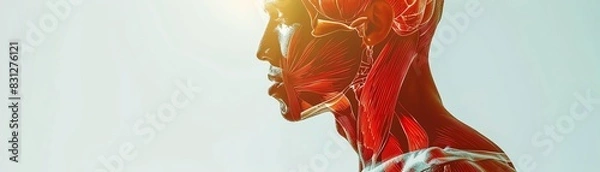 Obraz Side view of a human anatomy illustration showcasing muscle structure and internal tissues, providing detailed insight into the human body's complexity.