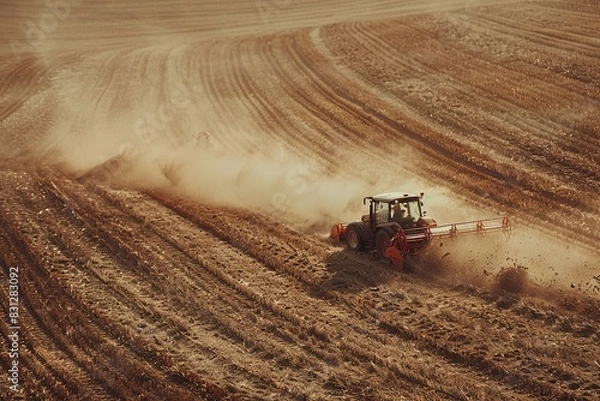Fototapeta Tractors working on dusty field during autumn harvest season