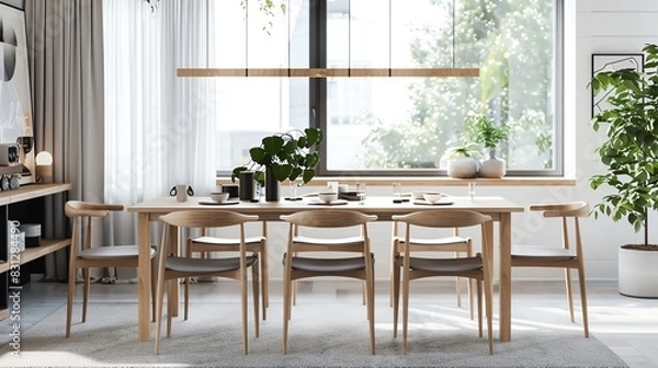Obraz Scandinavian dining room with clean table design, minimalist chairs, natural light, and simple decor