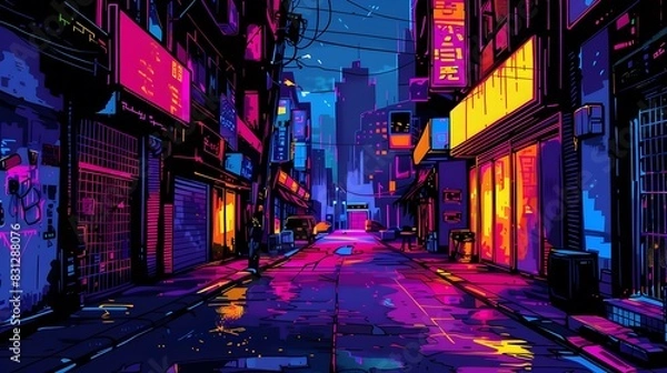 Fototapeta Vibrant Neon-Lit Cityscape Alley at Night with Futuristic Lights and Atmospheric Ambiance