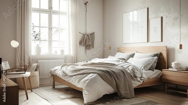 Obraz Scandinavian bedroom with wooden bed frame, white walls, cozy textiles, and minimalist decor