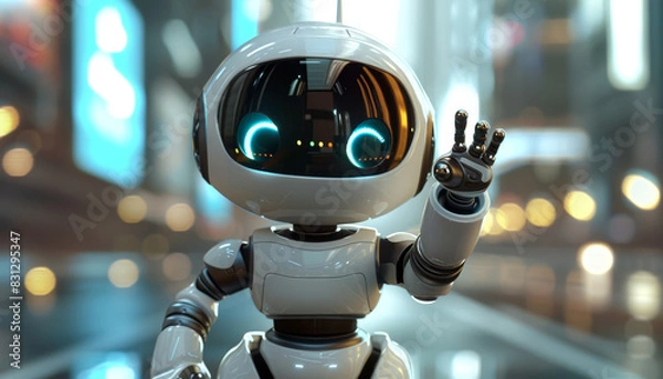 Fototapeta A robot with a gold and white body and a gold hand is waving by AI generated image