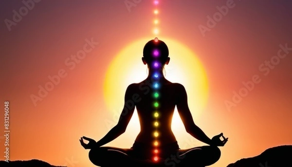Fototapeta Silhouette of a person meditating in a yoga pose with aligned chakras at sunset. This serene image evokes tranquility, spiritual alignment, and inner peace, perfect for wellness themes.. AI Generation