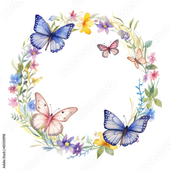 Fototapeta A watercolor painting of a wreath of butterfly.