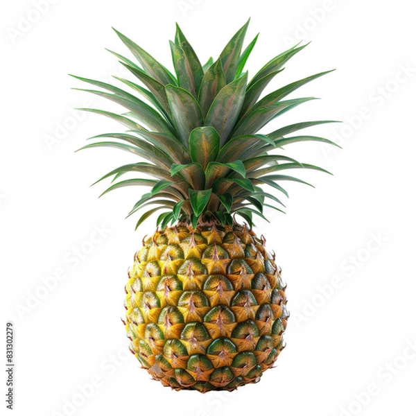 Fototapeta A ripe pineapple with green leaves isolated on White background.