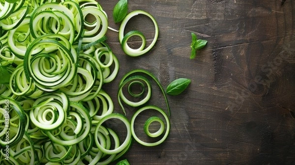 Obraz Fresh Sliced Cucumbers and Basil on a Wooden Background