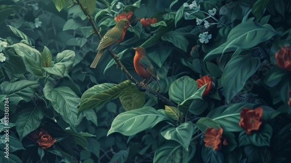 Fototapeta Two vibrant birds perched on a branch surrounded by lush green foliage and blooming flowers in a dense, tranquil forest.