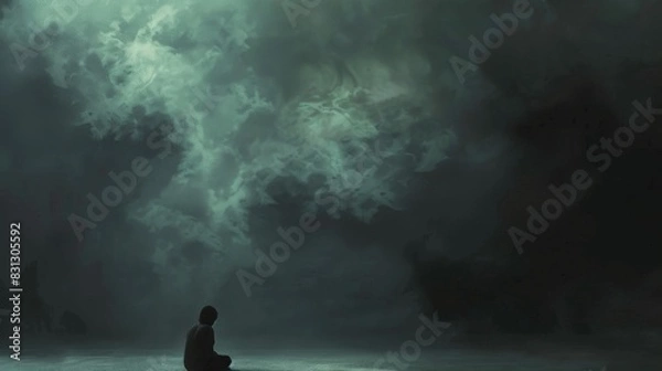 Fototapeta Abstract scene of a person sitting under a dark cloud in a small room.