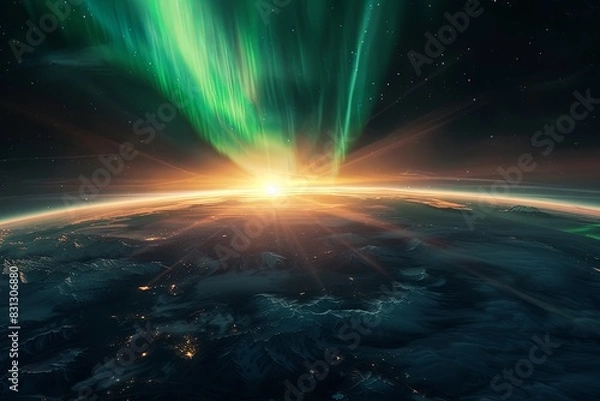 Fototapeta Cinematic capturing the breathtaking sight of a massive aurora borealis enveloping the Earth, extending down to the equator, with the sun peeking behind the planet's rim, casting North