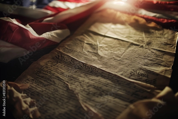 Fototapeta AI Image. Vintage Declaration of Independence on USA American flag