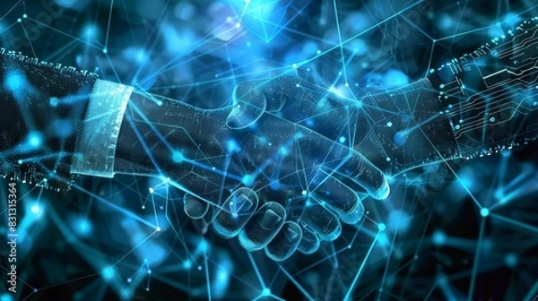 Fototapeta Close up of business people shaking hands against technology background, leader, teamwork, target, Aim, confident, achievement, goal, on plan, finish, generate by AI