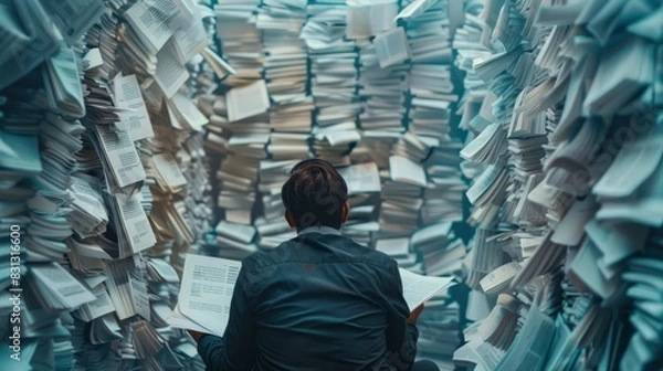 Obraz A businessman sitting in front of huge piles of documents and papers feeling surrounded by thousands of pages.
