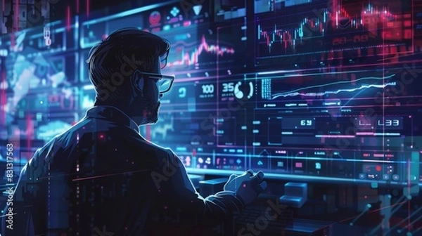 Fototapeta A man with glasses is focused on a computer screen in an office setting.