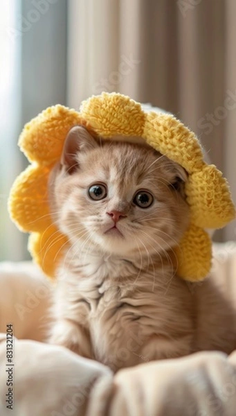 Obraz Cute kitten wearing a cute plush sunflower shaped hat and sitting on a blanket