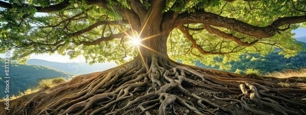 Obraz A tree with strong roots and branches reaching towards the sky, symbolizing the potential of youth.